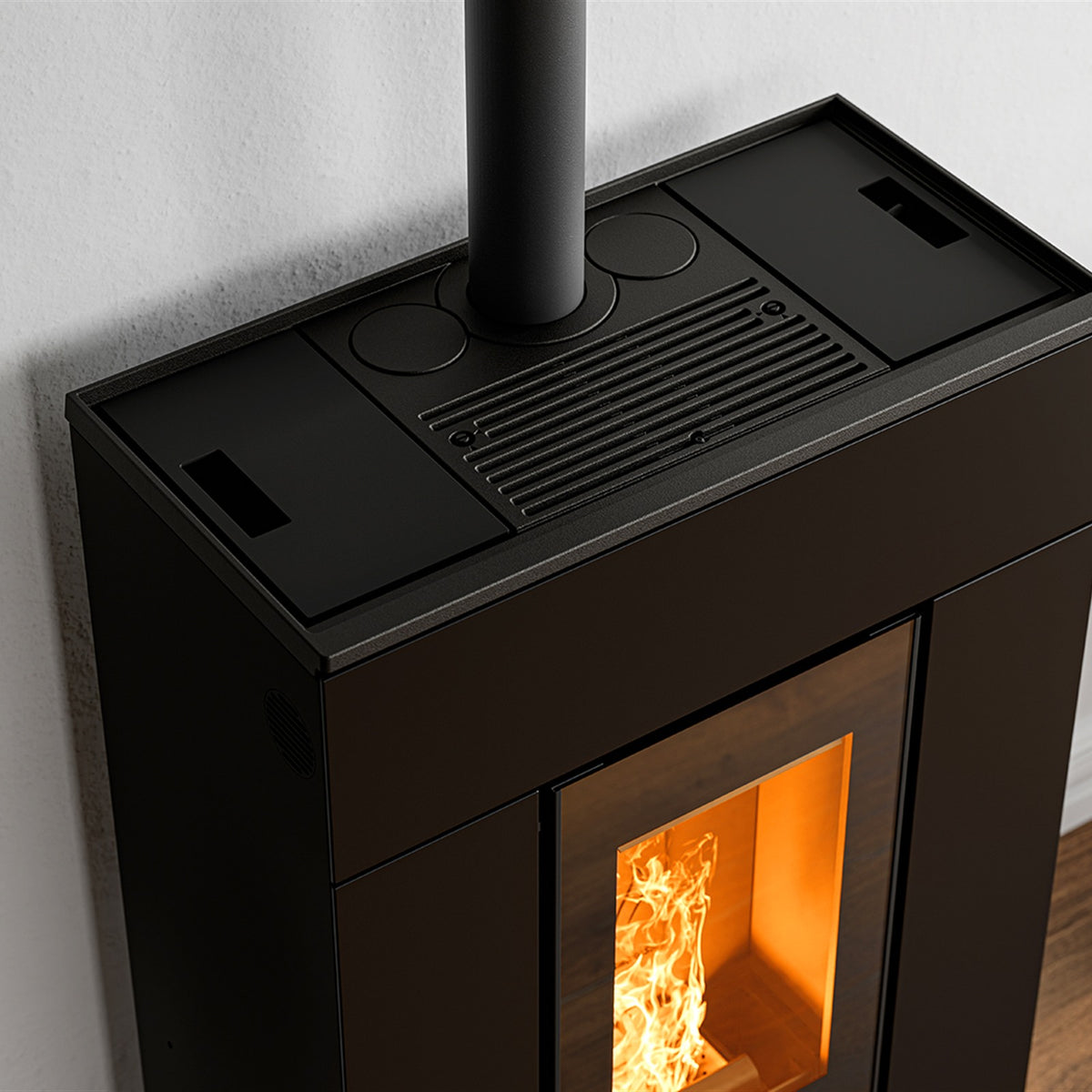 Thermorossi SlimQuadro Lumia Metalcolor Pelletofen im Wohnraum