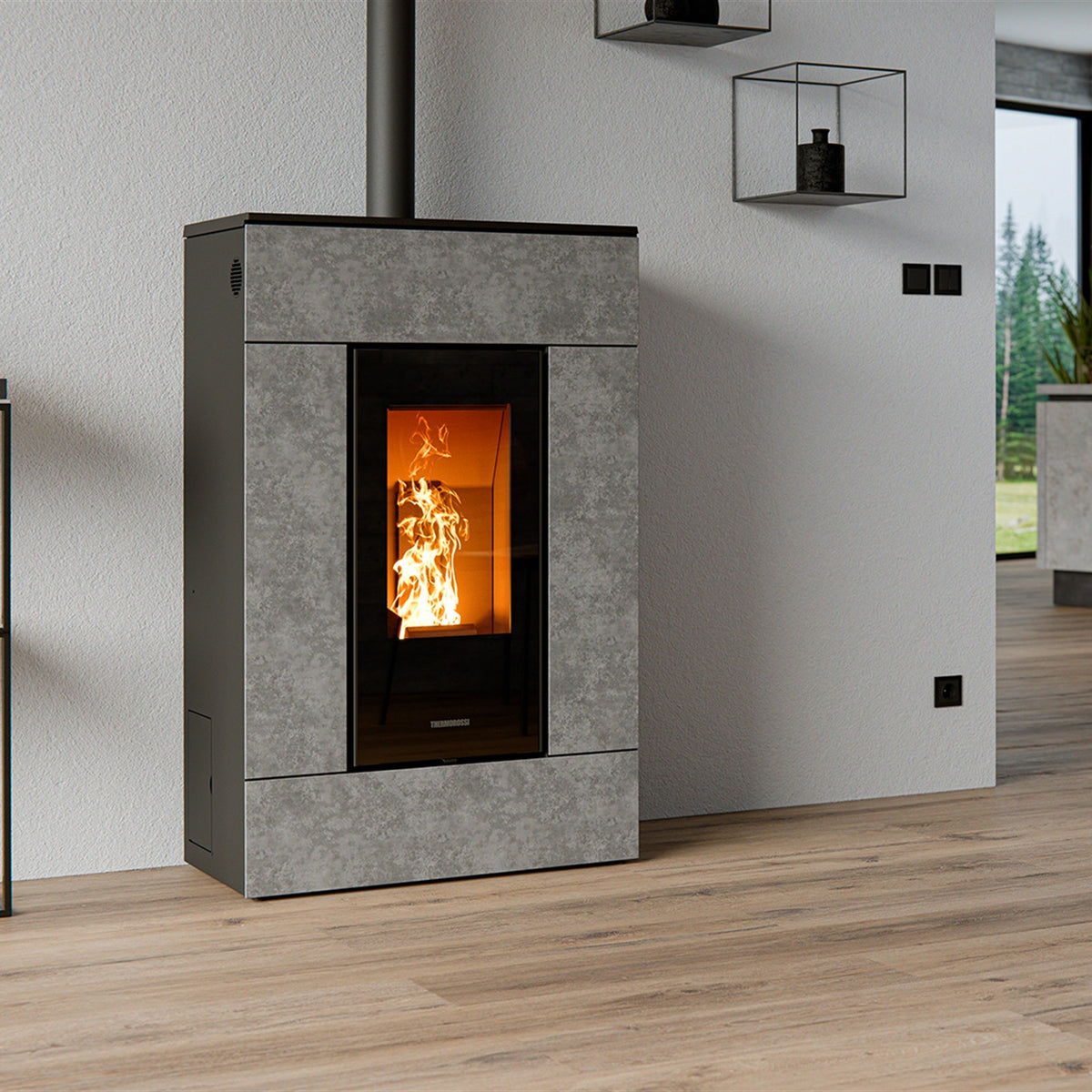 Pelletofen Thermorossi SlimQuadro Lumia Stone vollständig im Wohnraum
