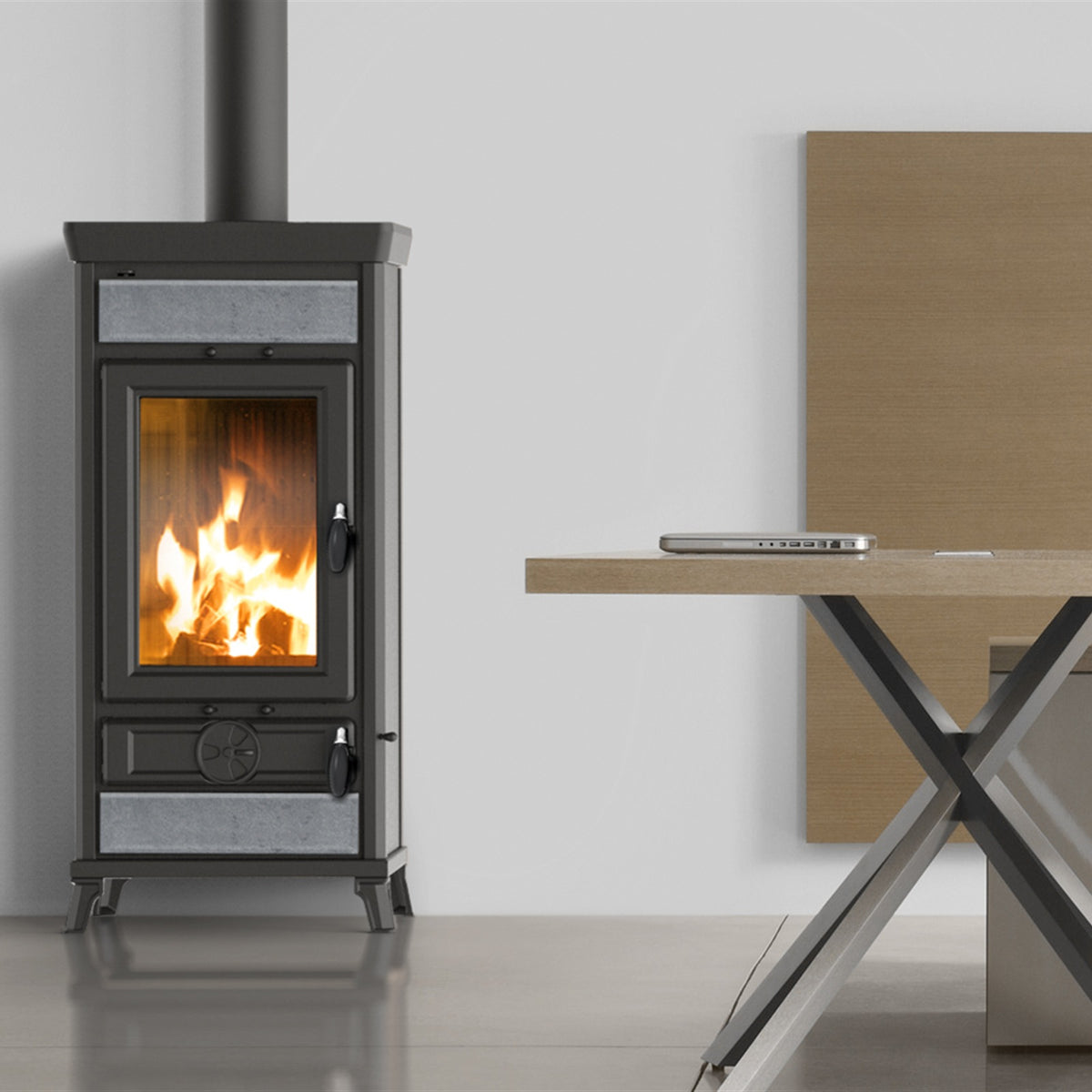 Kaminofen Thermorossi Vittoria Evo6 Stone im Wohnraum