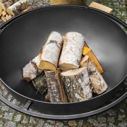 Tiefe Feuerschale Premium FAT BOY 85 cm – Draufsicht auf Schale und Holzscheite