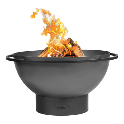 Tiefe Feuerschale Premium FAT BOY 85 cm – Feuerschale mit brennenden Holzscheiten auf weißem Hintergrund