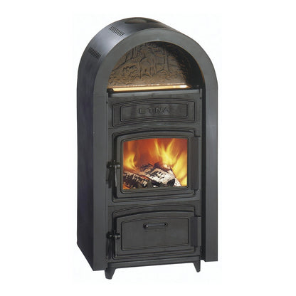 Raumheizer Wamsler Etna | 9 kW – Schrägansicht mit Flamme und oberem Warmhaltefach