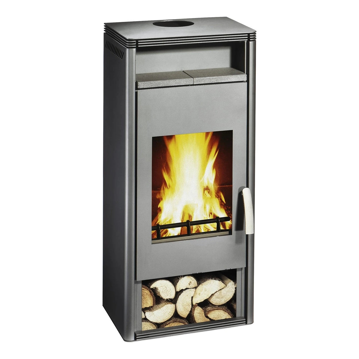 Kaminofen Wamsler Fulgor mit Warmhaltefach | 6/8 kW – Schrägansicht mit Warmhaltefach und Holzfach