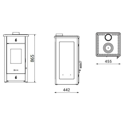 Kaminofen Wamsler Luke II mit Kochfunktion | 8 kW – Vollständige bemaßte technische Ansichten