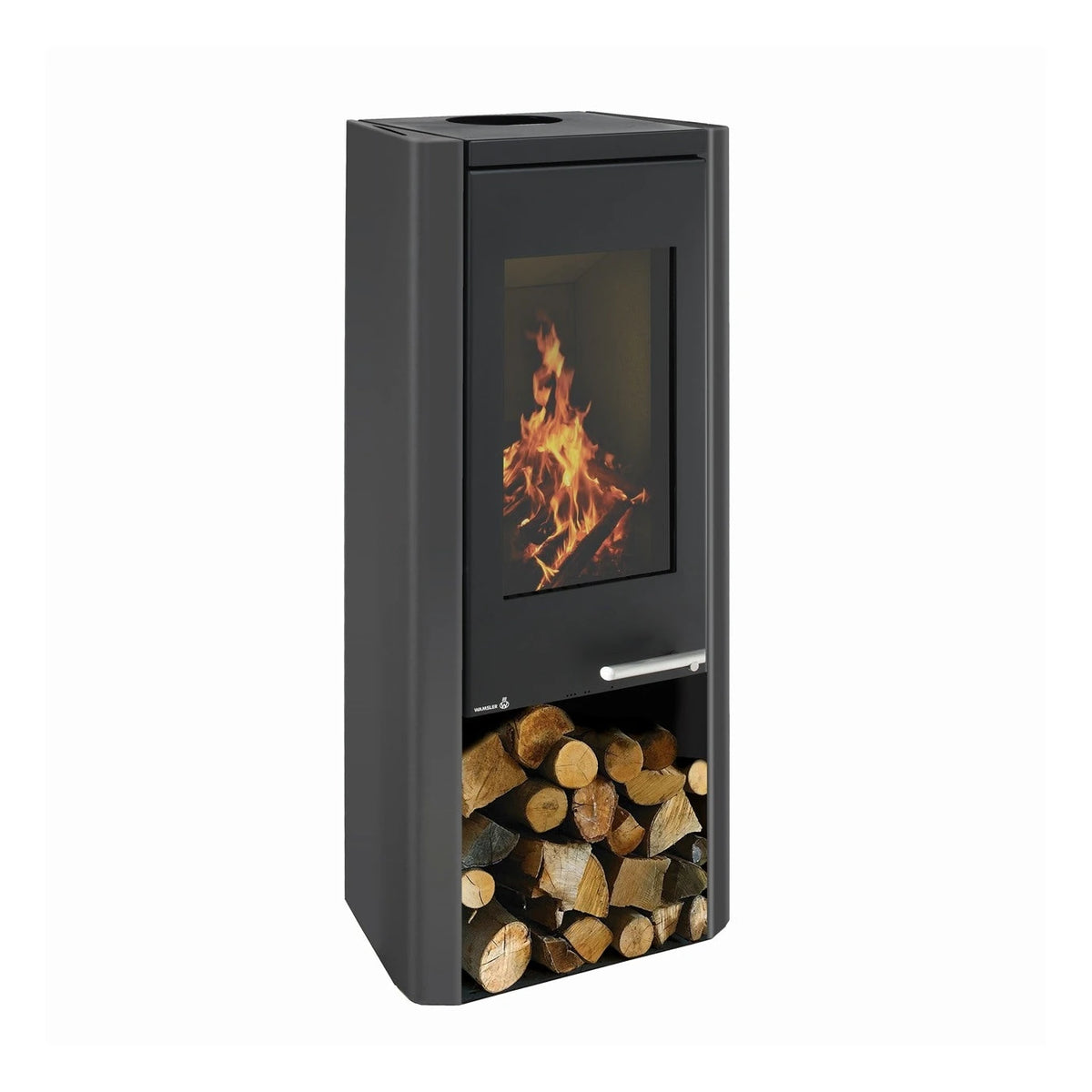 Kaminofen Wamsler Methis | 8 kW – Schrägansicht mit Stahlverkleidung und Holzfach