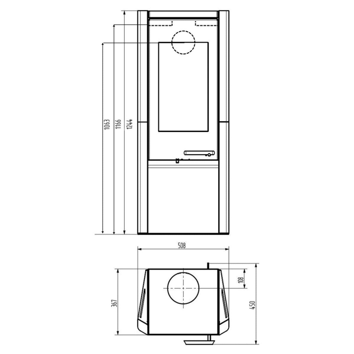 Kaminofen Wamsler Methis | 8 kW – Vollständige bemaßte technische Ansichten