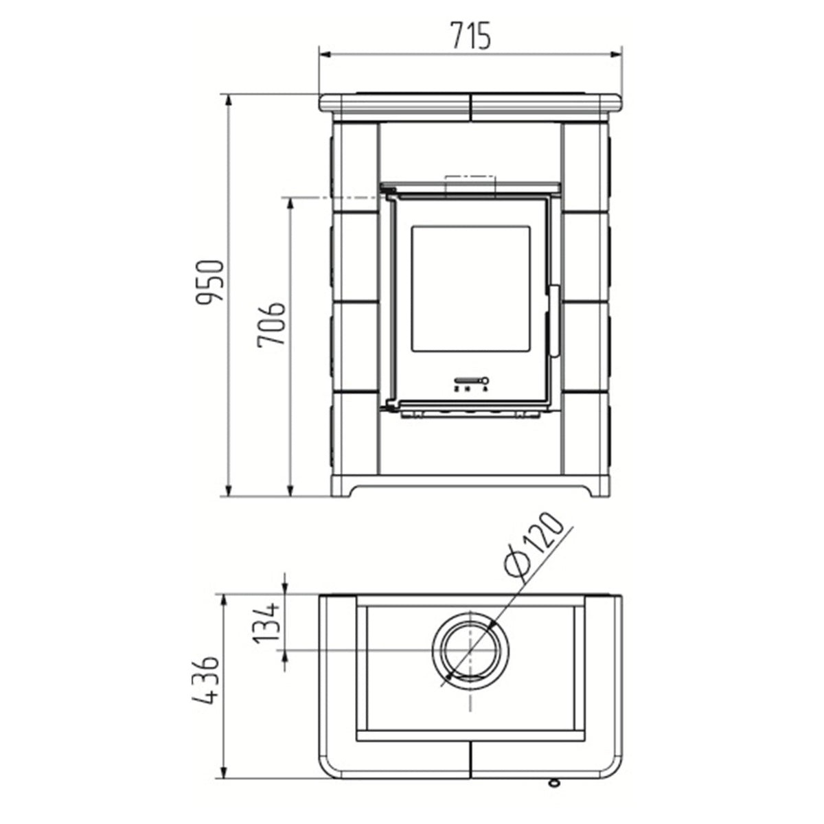 Kaminofen Wamsler Montafon Bordeaux | 7 kW – Vollständige bemaßte technische Ansichten