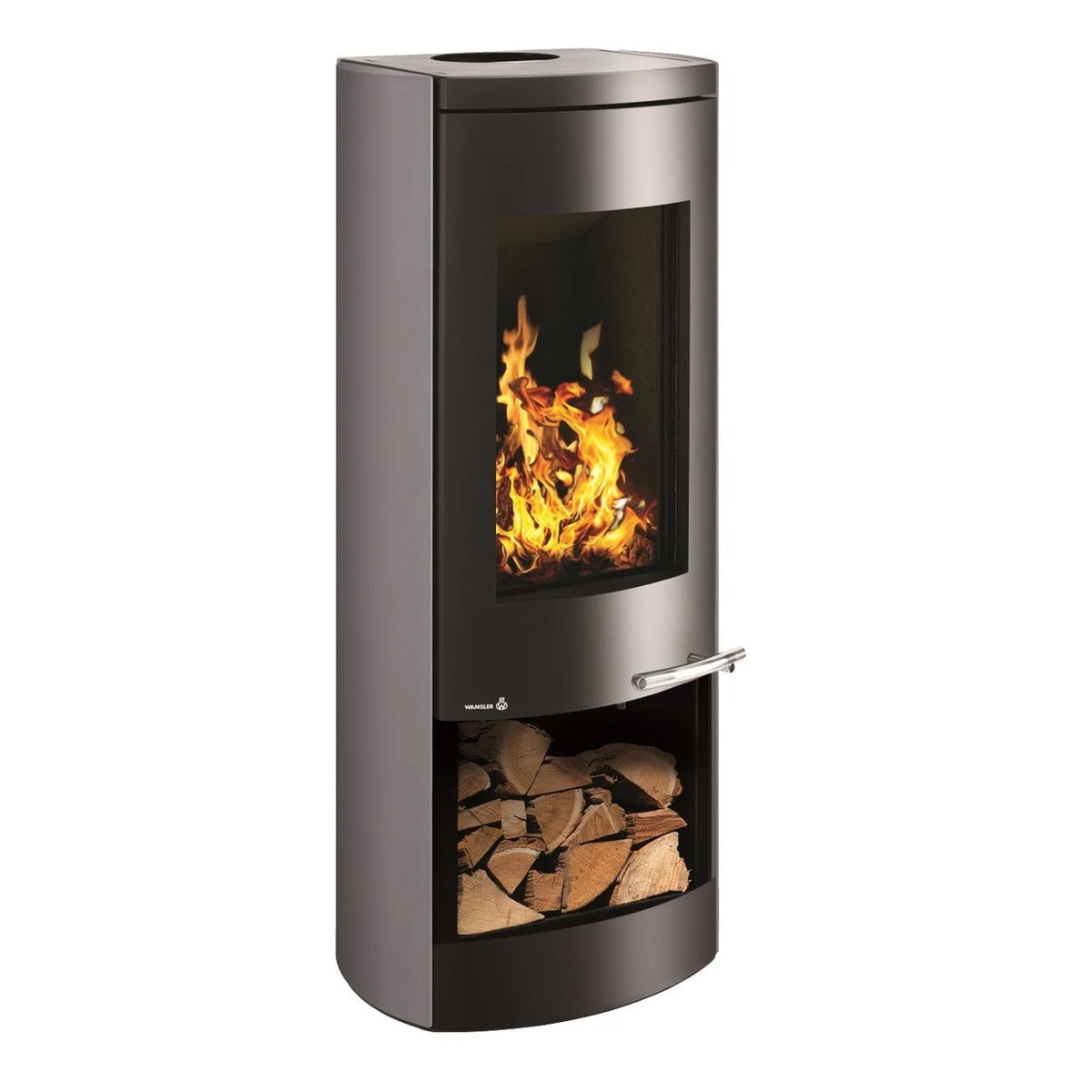 Kaminofen Wamsler Motho | 8 kW – Schrägansicht mit Stahlverkleidung und Holzfach