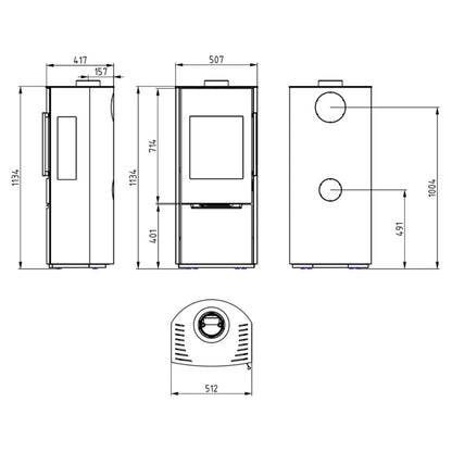 Kaminofen Wamsler Pylon Naturstein | 6,2 kW – Vollständige bemaßte technische Ansichten