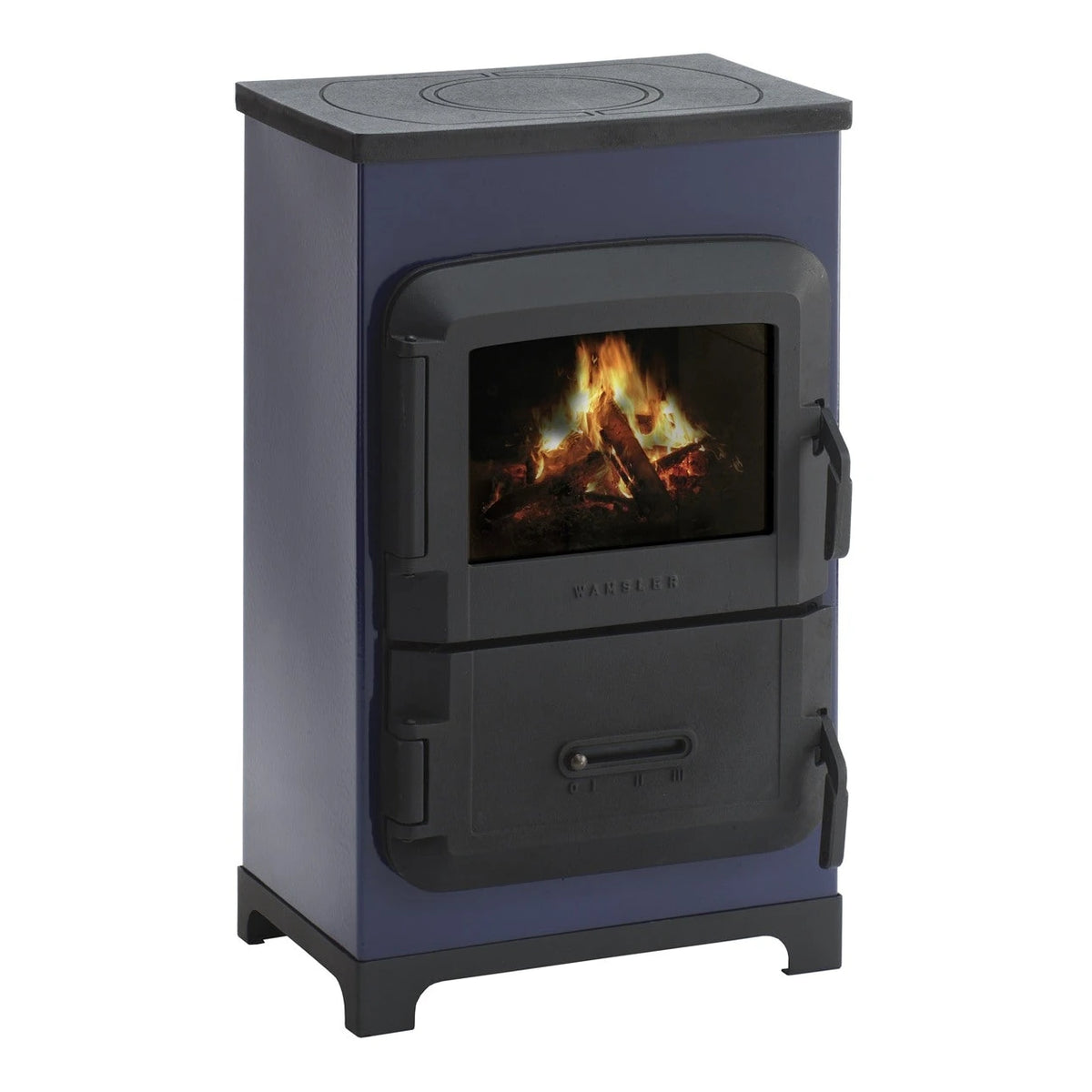 Raumheizer Wamsler RH-6F mit Kochfunktion | 6 kW – Schrägansicht mit Kochplatte und blauer Verkleidung