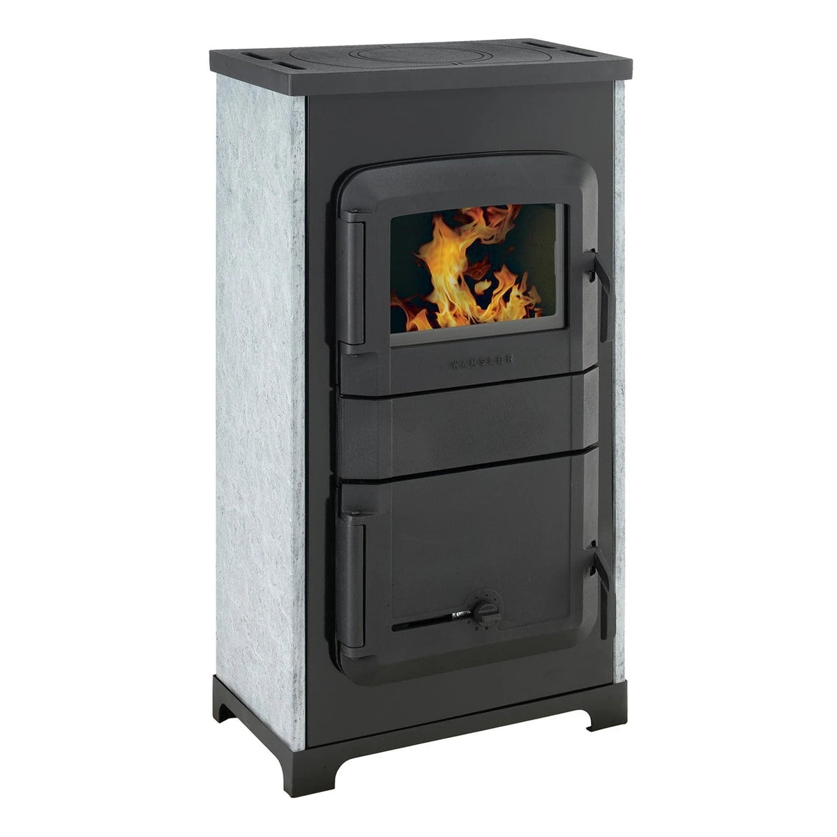 Raumheizer Wamsler RH-8 A/D mit Automatik Dauerbrand | 8 kW – Schrägansicht mit Kochplatte und Flamme