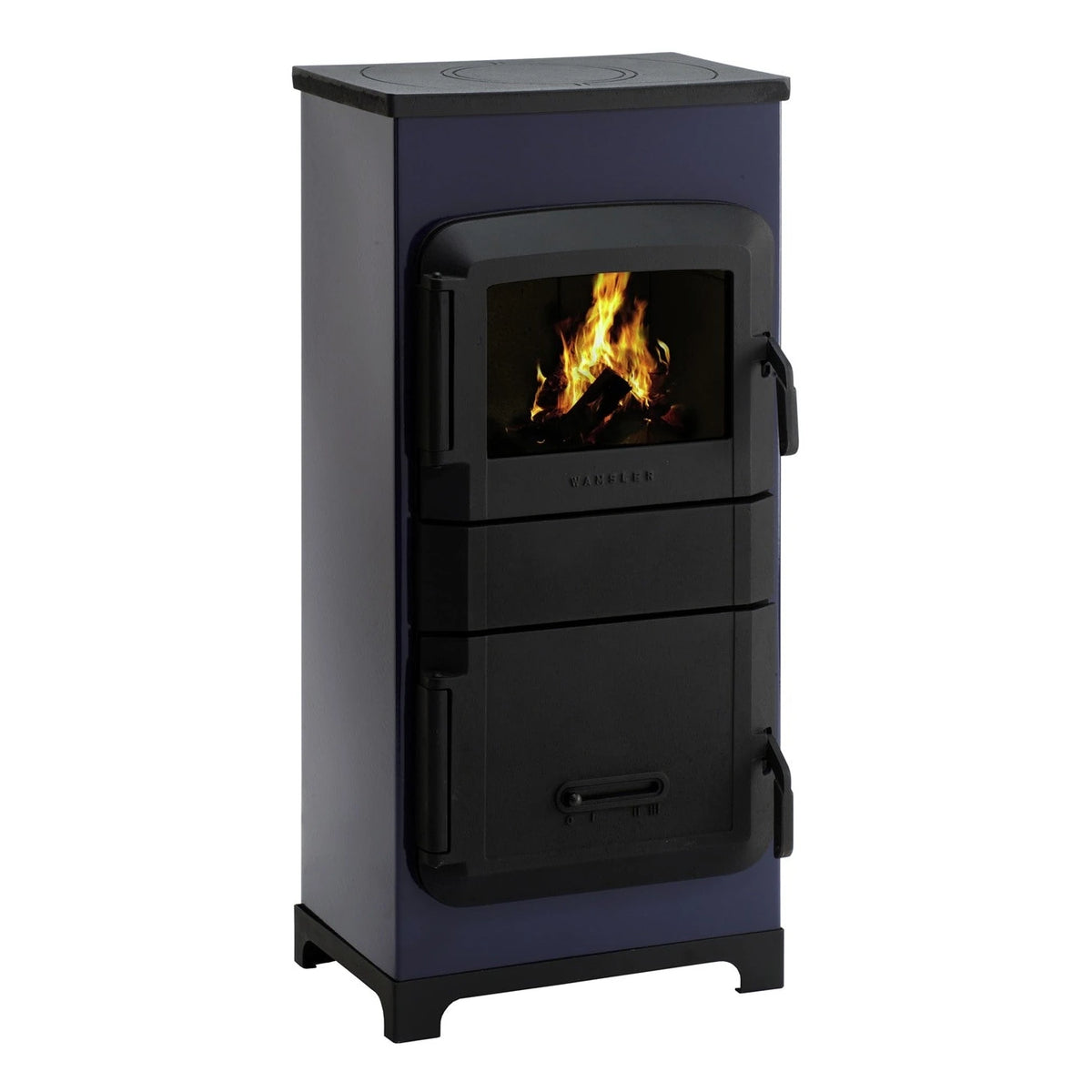 Raumheizer Wamsler RH-8F mit Kochfunktion | 8 kW – Schrägansicht mit blauer Verkleidung und Kochplatte