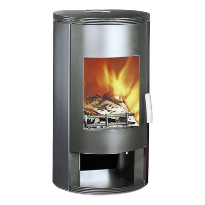 Kaminofen Wamsler Roton | 6/8 kW – Schrägansicht mit Flamme und Holzfach