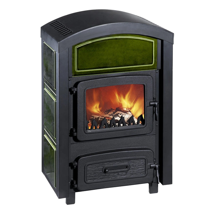 Werkstattofen Wamsler Stubenofen 109-6 | 6 kW – Schrägansicht mit grüner Verkleidung und Flamme