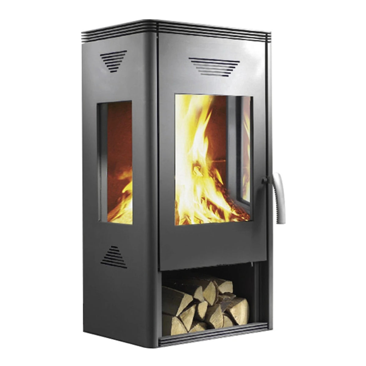 Kaminofen Wamsler Trion-H | 8 kW – Schrägansicht mit seitlicher Sichtscheibe und Holzfach