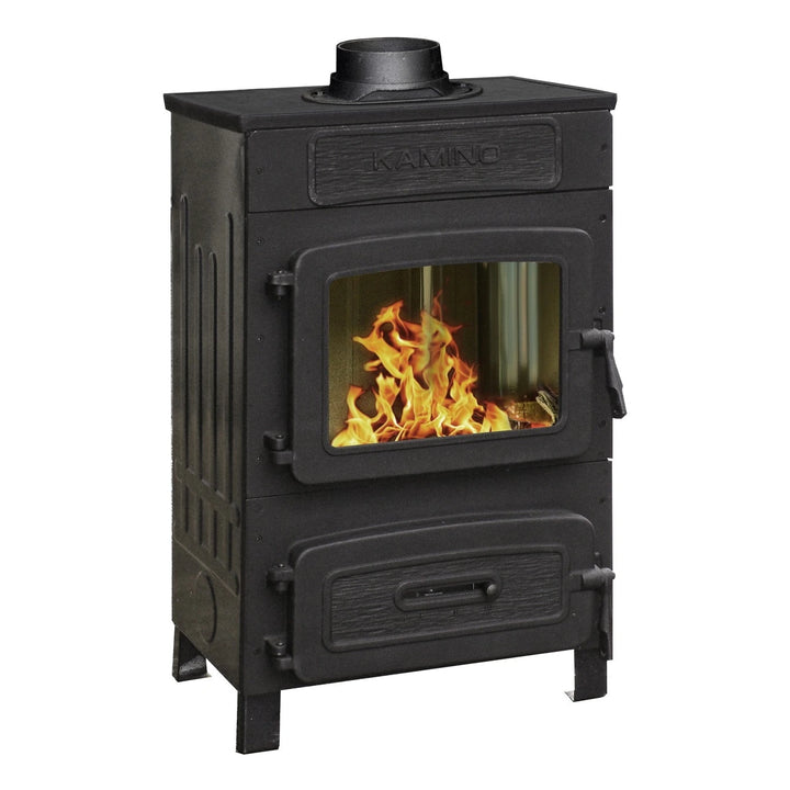 Werkstattofen Wamsler WO 109-6 F mit Obenanschluss | 6 kW – Schrägansicht mit Sichtscheibe und oberem Rauchrohranschluss