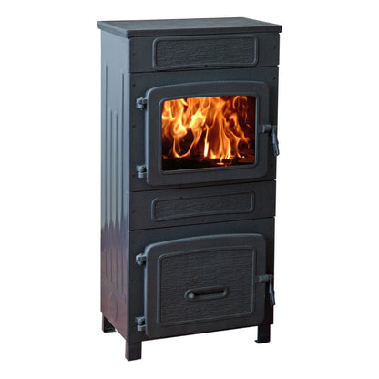 Werkstattofen Wamsler WO 109-8 F | 8 kW – Schrägansicht mit Sichtscheibe und Flamme