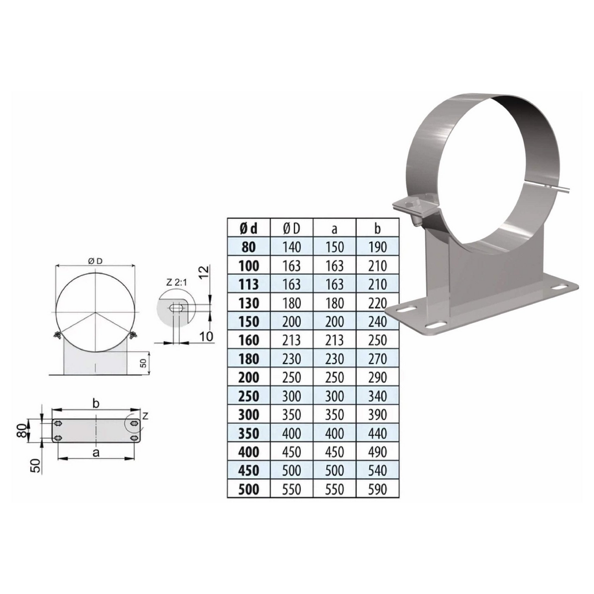 Wandhalter 50 mm - doppelwandig - eka complex D – Produktabbildung mit vollständiger Maßzeichnung und Maßtabelle