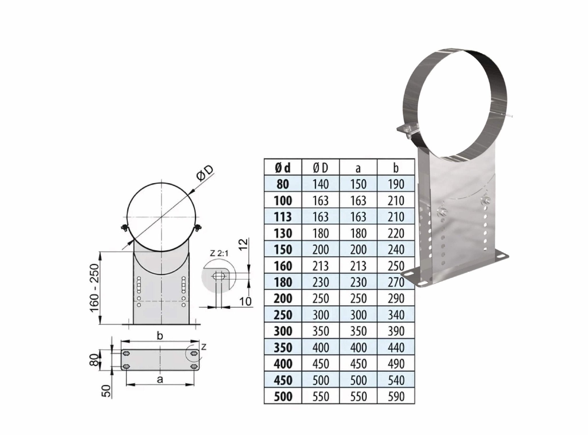 Wandhalter verstellbar 160 - 250 mm - doppelwandig - eka edelstahlkamine complex D
