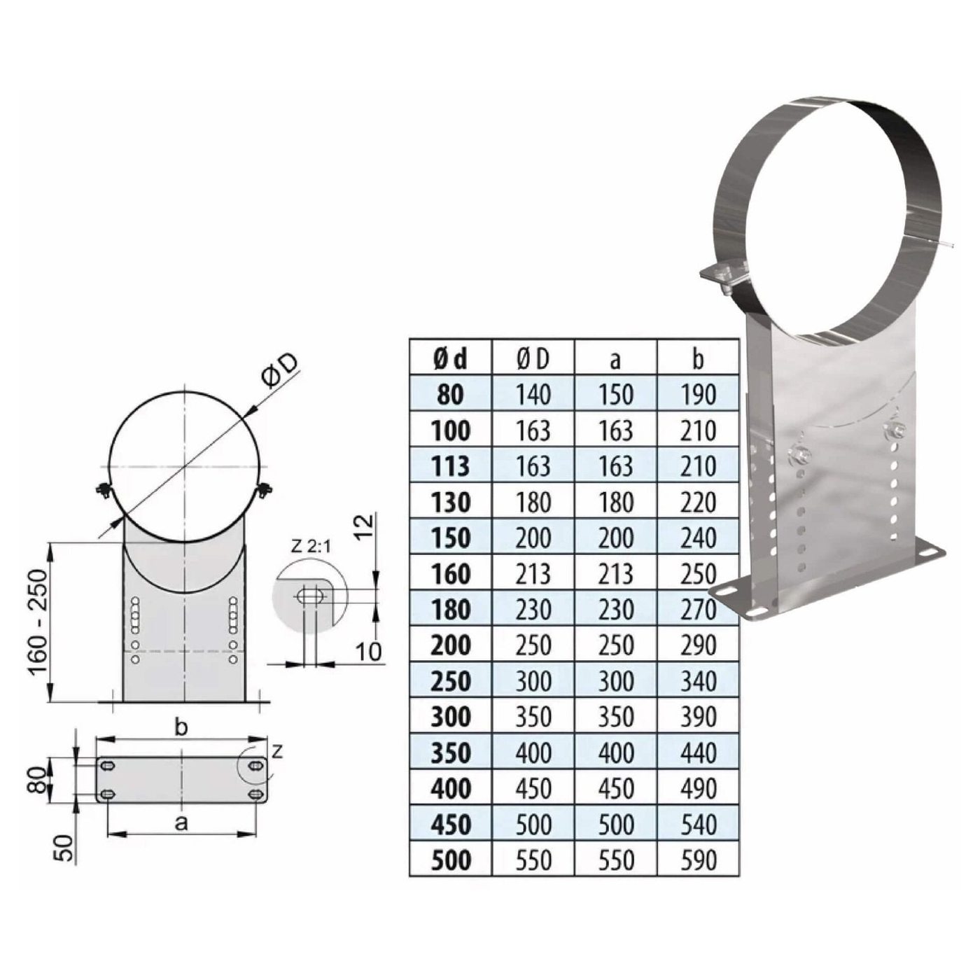 Wandhalter verstellbar 160 - 250 mm - eka complex D – Produktabbildung mit vollständiger Maßzeichnung und Maßtabelle