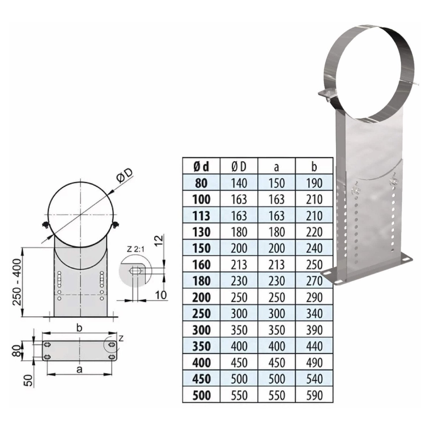 Wandhalter verstellbar 250 - 400 mm - eka complex D – Produktabbildung mit vollständiger Maßzeichnung und Maßtabelle
