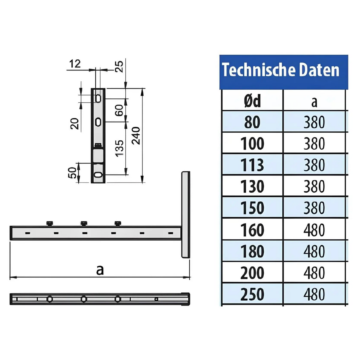 Wandkonsole verstärkt, verstellbar 50 - 150 mm - eka complex D – Technische Maßzeichnung mit vollständiger Maßtabelle