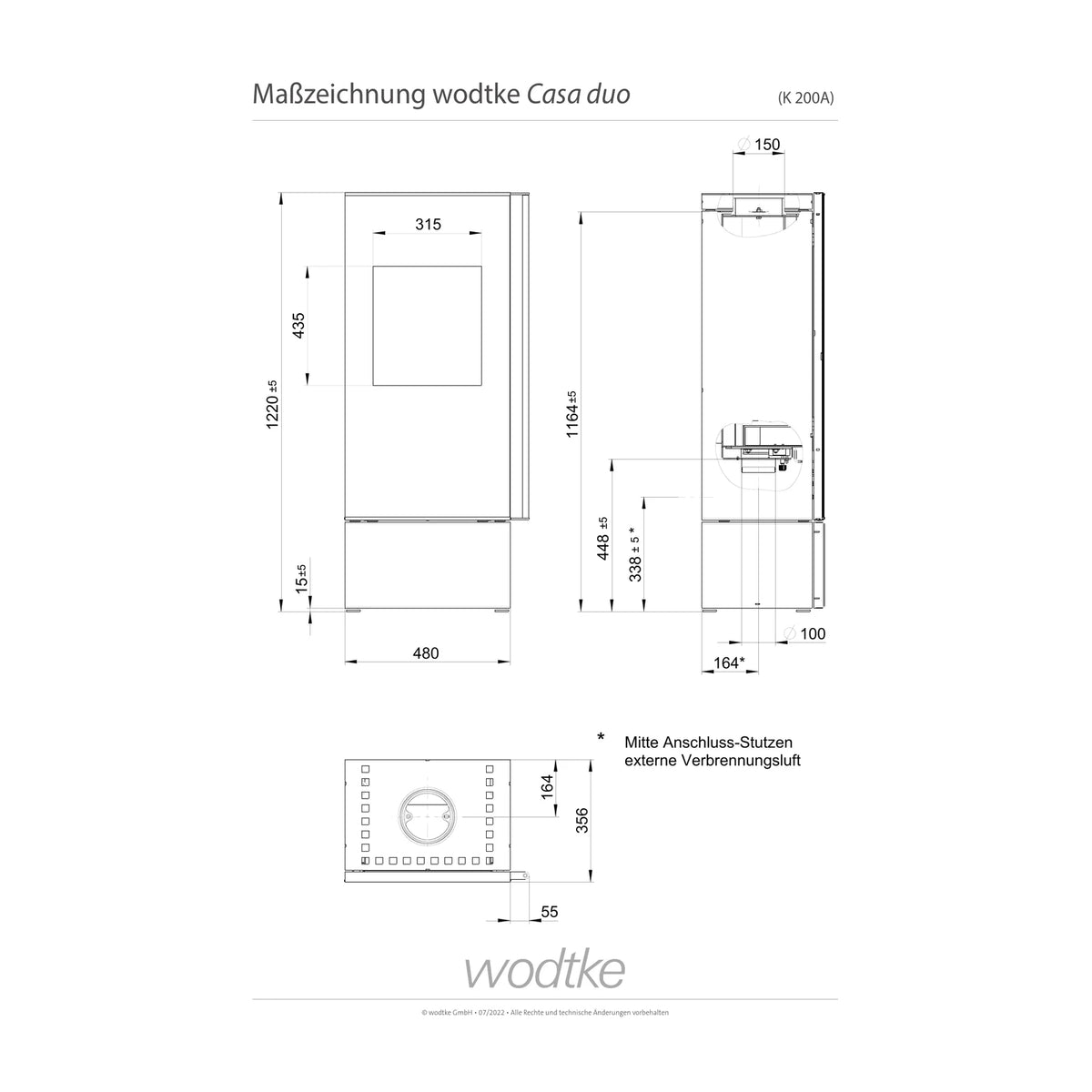 Offizielle Maßzeichnung des Kaminofens Wodtke Casa duo K200A