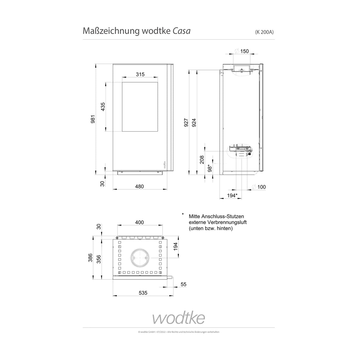 Offizielle Maßzeichnung des Kaminofens Wodtke Casa K200A