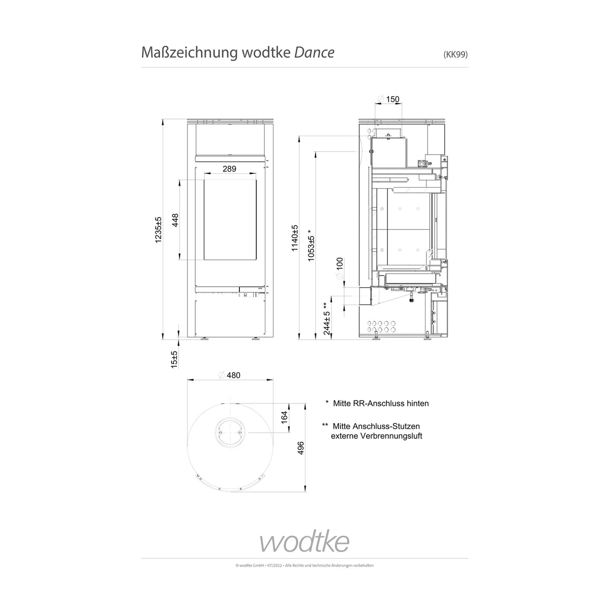 Offizielle Maßzeichnung des Kaminofens Wodtke Dance KK99
