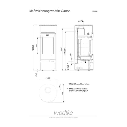 Offizielle Maßzeichnung des Kaminofens Wodtke Dance KK99
