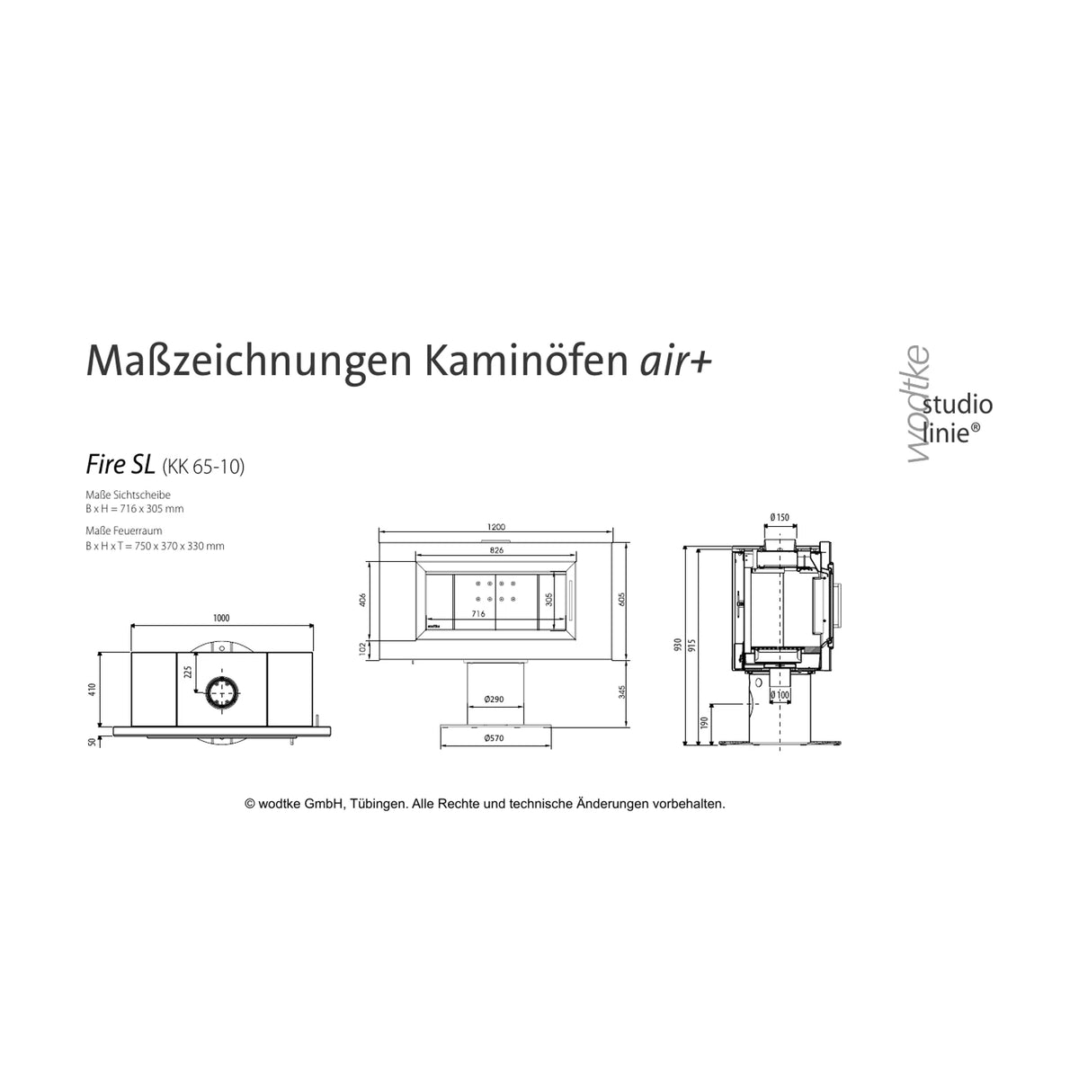 Offizielle Maßzeichnung des Kaminofens Wodtke Fire SL KK65-10