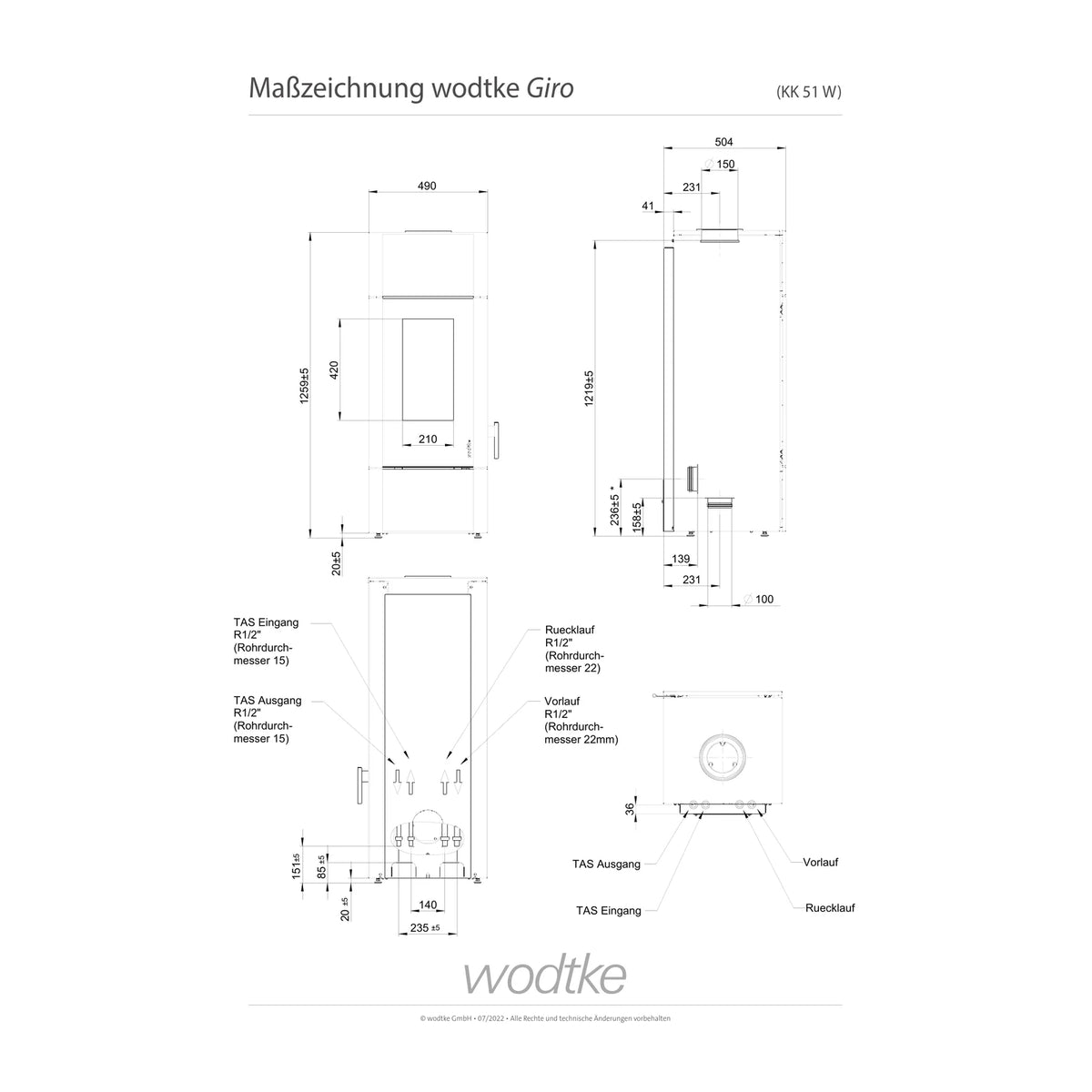 Technische Maßzeichnung des wasserführenden Kaminofens Wodtke Giro KK51W