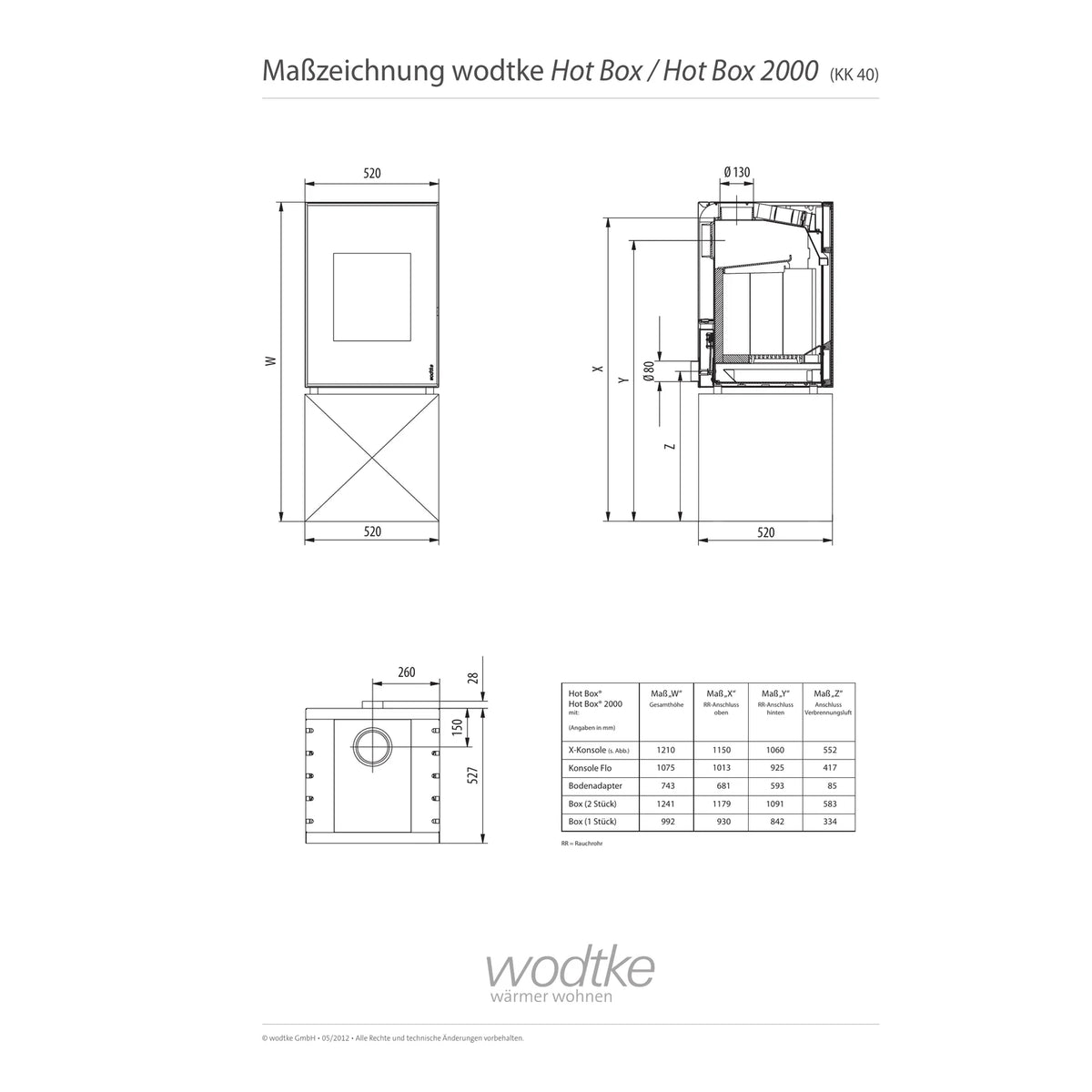 Offizielle Maßzeichnung Wodtke Hot Box 2000 mit Maßen für X-Konsole, Flo und Bodenadapter