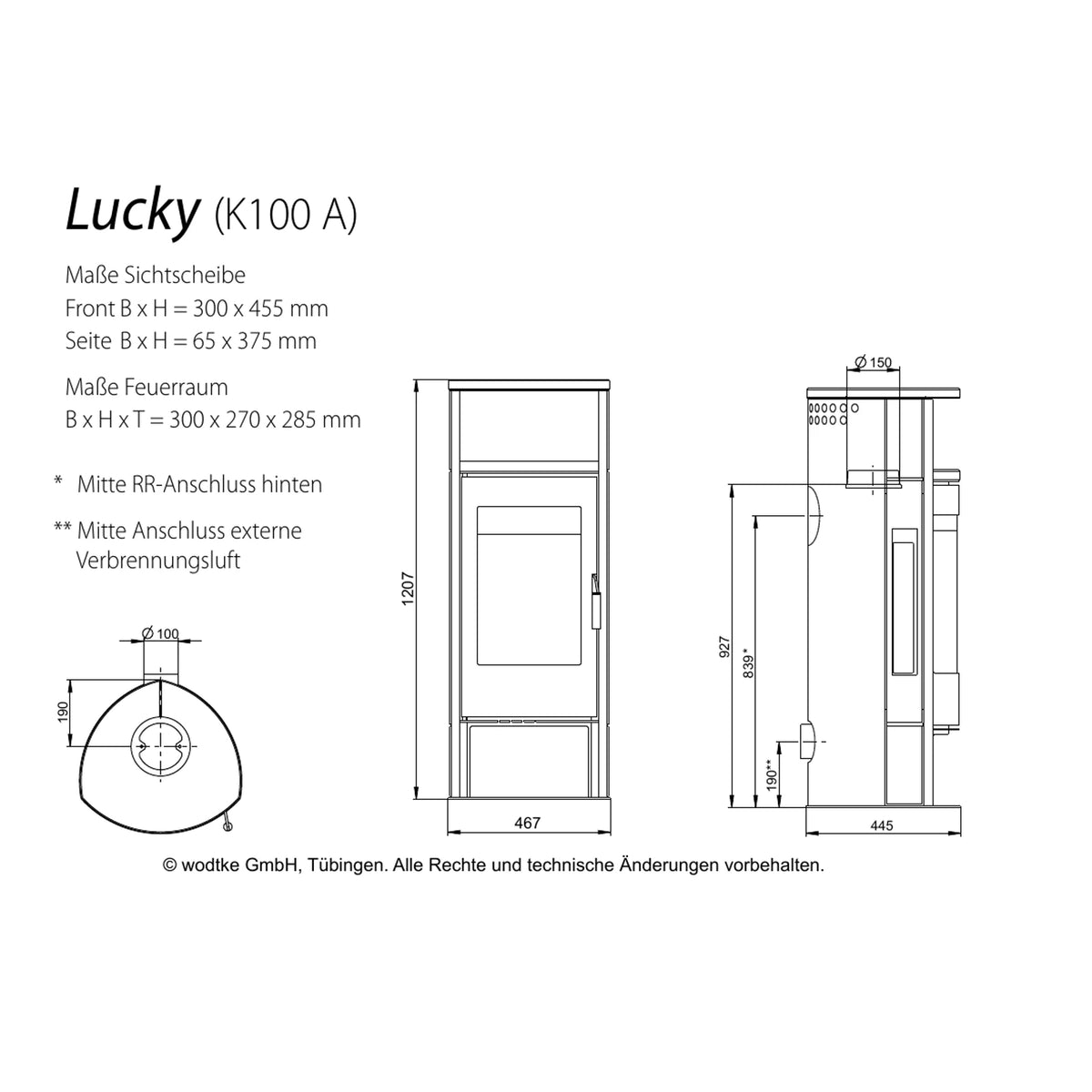 Technische Maßzeichnung des Kaminofens Wodtke Lucky K100A