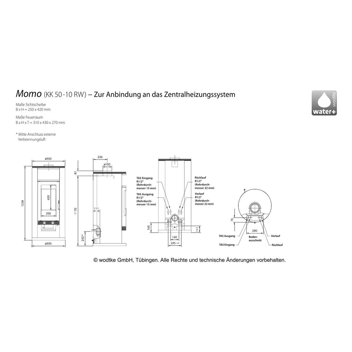 Technische Maßzeichnung des wasserführenden Kaminofens Wodtke Momo KK50-10RW