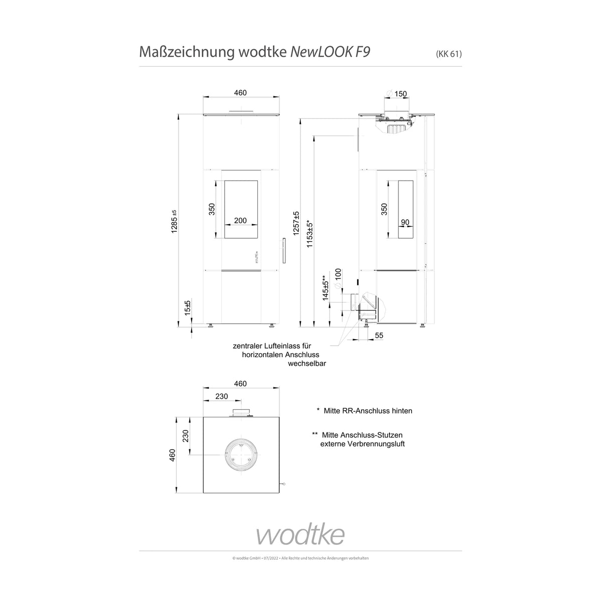 Offizielle Maßzeichnung des Kaminofens Wodtke New Look F9