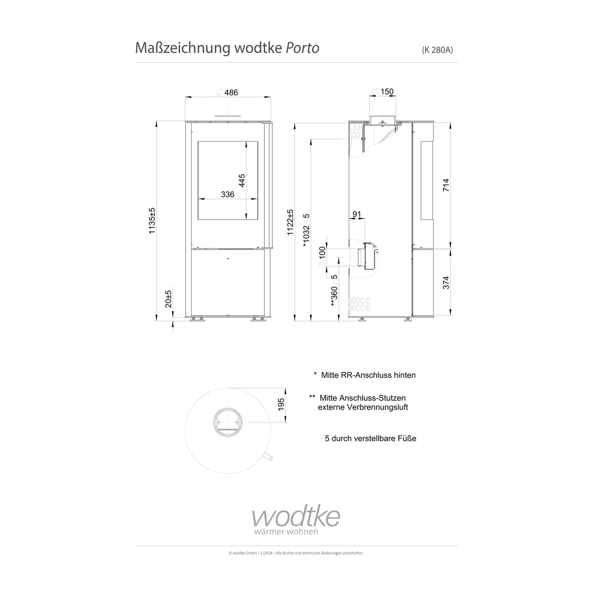 Technische Maßzeichnung des Kaminofens Wodtke Porto K280A
