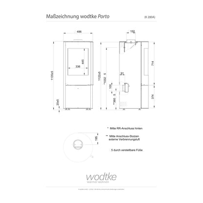 Technische Maßzeichnung des Kaminofens Wodtke Porto K280A
