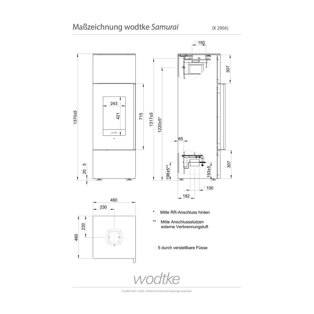 Offizielle Maßzeichnung des Kaminofens Wodtke samurai K290A