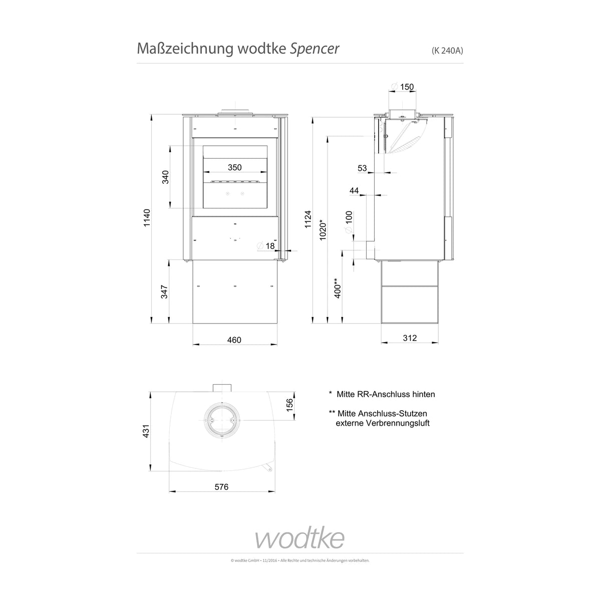 Technische Maßzeichnung des Kaminofens Wodtke Spencer K240A
