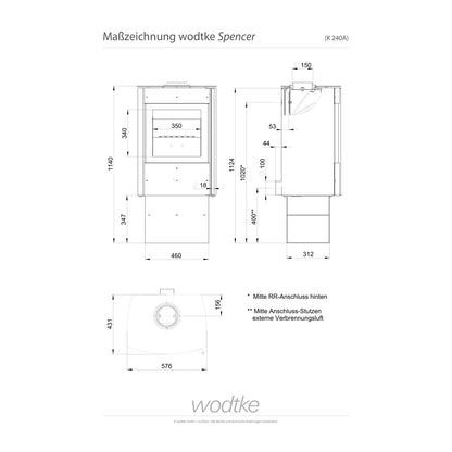 Technische Maßzeichnung des Kaminofens Wodtke Spencer K240A