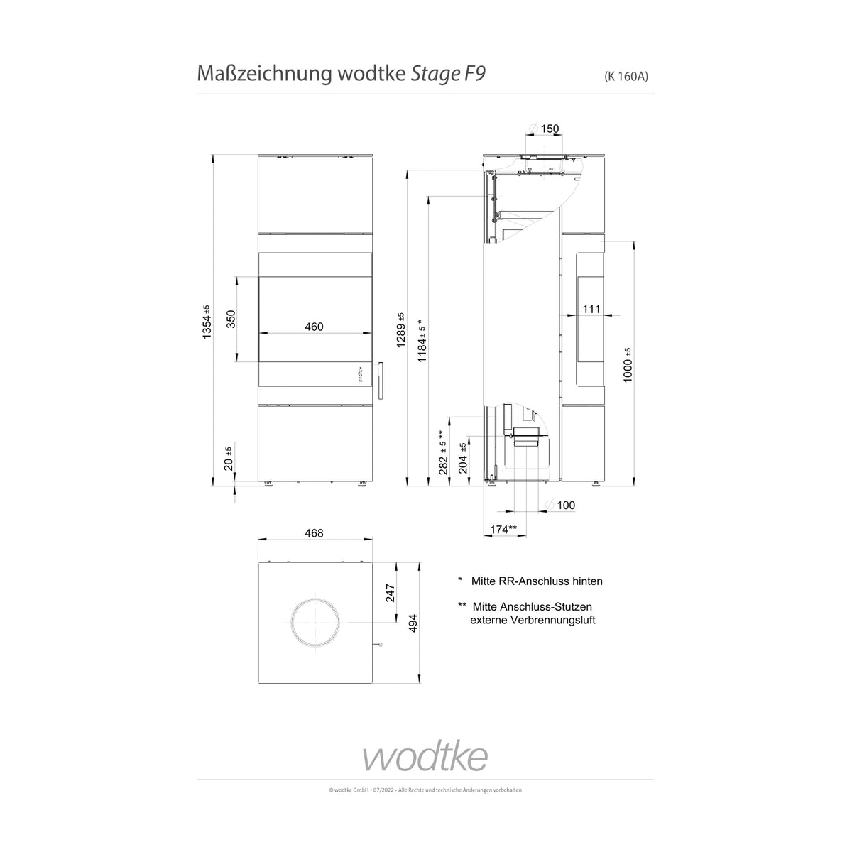 Offizielle Maßzeichnung des Kaminofens Wodtke Stage F9