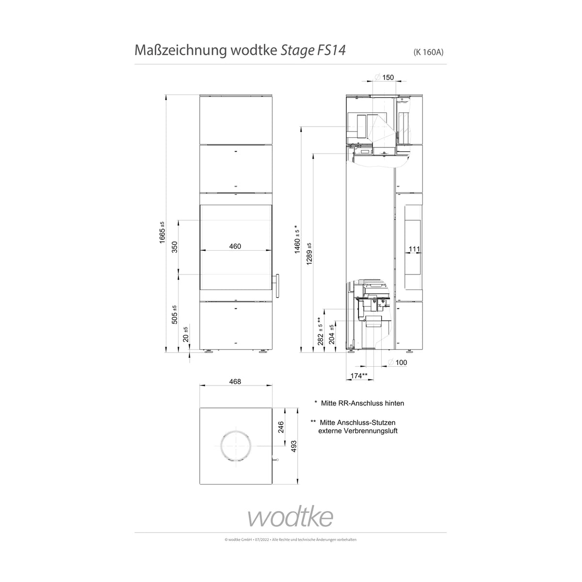 Offizielle Maßzeichnung des Kaminofens Wodtke Stage FS14