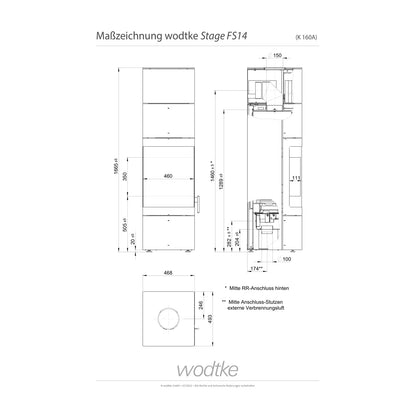 Offizielle Maßzeichnung des Kaminofens Wodtke Stage FS14