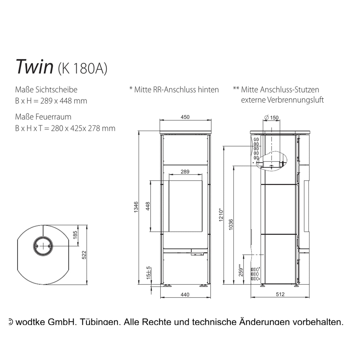 Technische Maßzeichnung des Kaminofens Wodtke Twin K180A