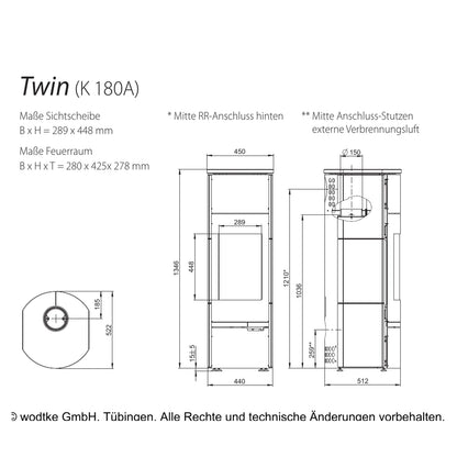 Technische Maßzeichnung des Kaminofens Wodtke Twin K180A